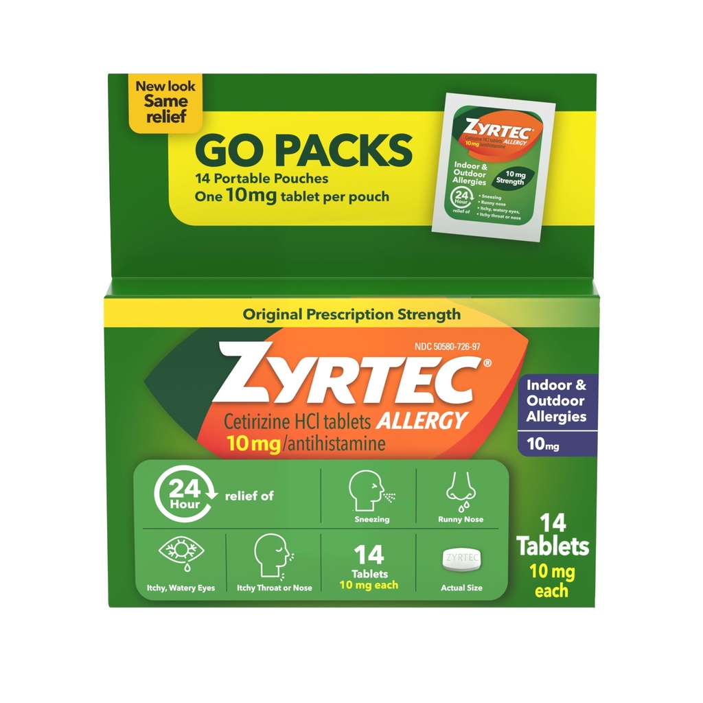 Zyrtec 24 시간 알레르기 완화 정제, 항히스타민 실내 & 옥외 반대로 알레르기 약 + Cetirizine HCl, Runny Nose, Sneezing, & Itchy 눈, 단 하나 팩, 14 x 1개의 ct 소포에서 기복