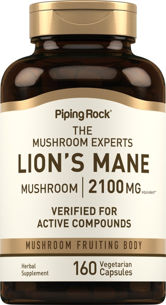 Piping Rock Lions Mane 버섯 보충 | 2100mg | 160 캡슐 | 여성 및 남성용 추출물 | 채식주의, 비 GMO 및 글루텐 무료