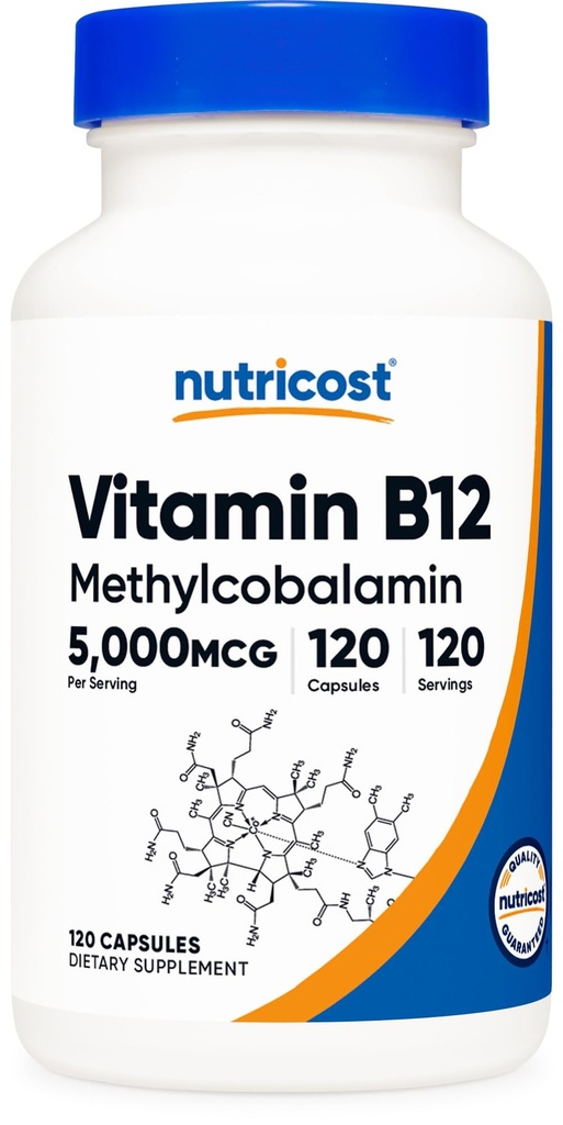 Nutricost 비타민 B12 (Methylcobalamin) 5000mcg, 120 캡슐 - 채식 모자, 비 GMO, 글루텐 무료 B12 보충