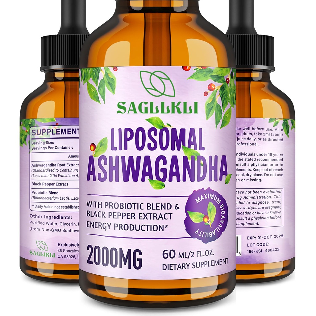Liposomal Ashwagandha 액체 하락 2000mg의 Ashwagandha 뿌리 추출물 보충교재 (7% withanolides) 초점, Cognition & 에너지 - 2 FL.OZ (1 병)를 위한 까만 고추 추출물 & Probiotics로
