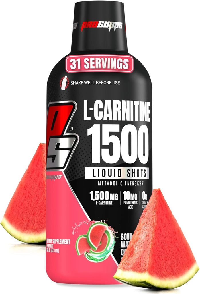 PROSUPPS L-Carnitine 액체 1500, 남성 및 여성을위한 Stimulant-Free 액체 샷 - 에너지, 성능 및 근육 회복을위한 깨끗한 사전 운동 음료 - 설탕 없음, 캐비넷 없음 - 31 서빙, 수박 캔디
