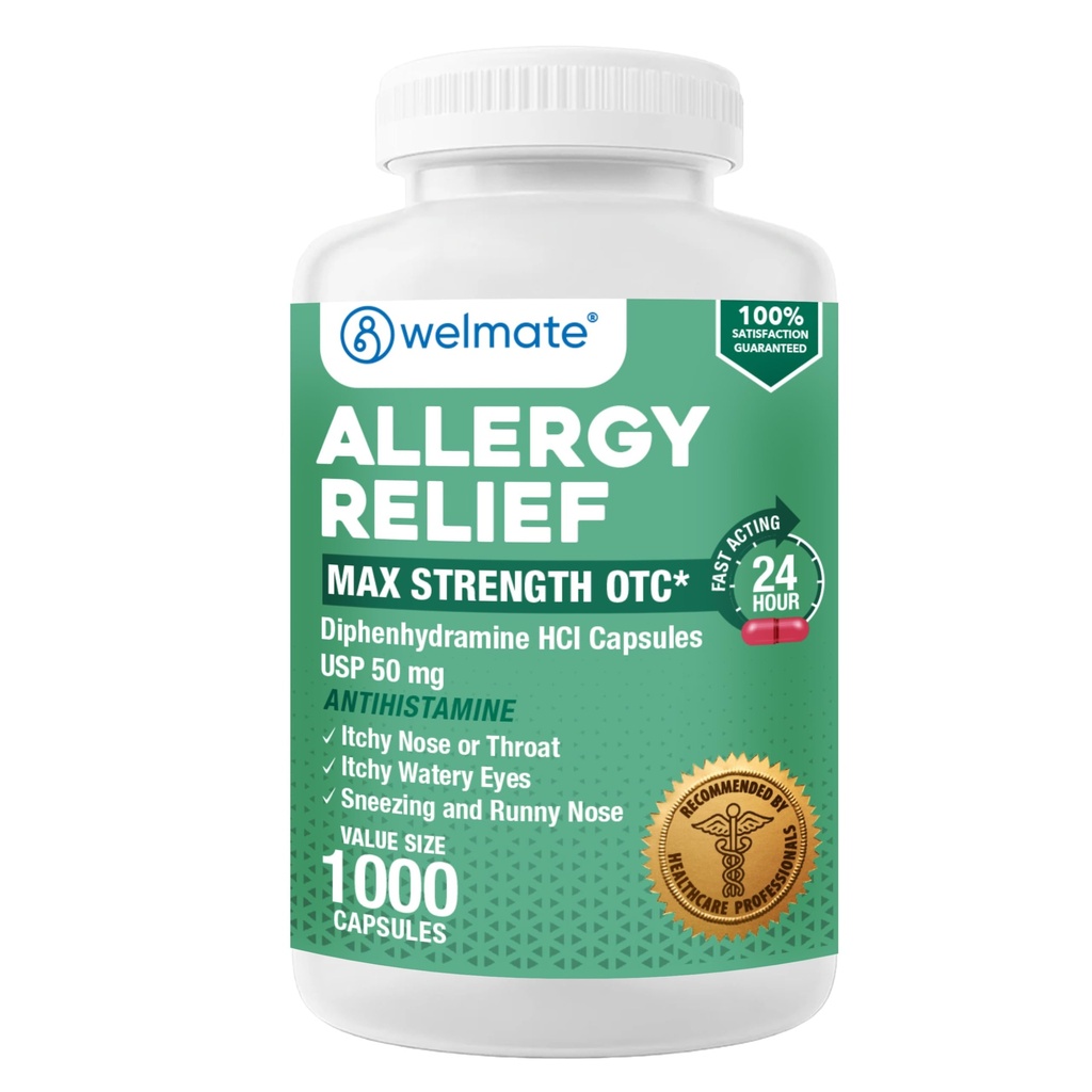 WELMATE 알레르기 구호 - Diphenhydramine 50 mg - 1000 카운트 캡슐 - 항히스타민 - 알레르기 및 냉 증상 - Sneezing, Runny Nose, Itchy Eyes & Throat