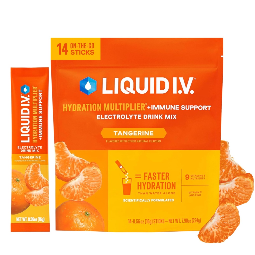 액체 I.V.® Hydration Multiplier +Immune 지원 - Tangerine | 전자 분말 음료 혼합 | 1 팩 (14 인분)