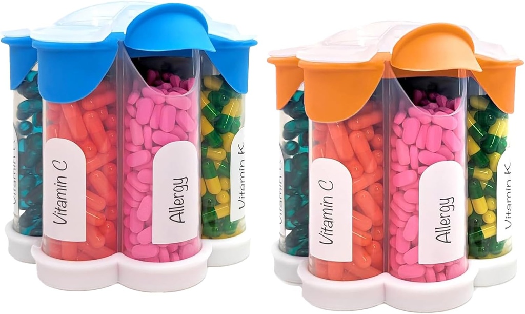Extra Large Pill 주최자 매일, 주간, 월간 보충 병, 7 XL Compartments (2 팩 콤보)가있는 귀여운 Blossom Pill 분배기 (Light Blue 및 Orange)