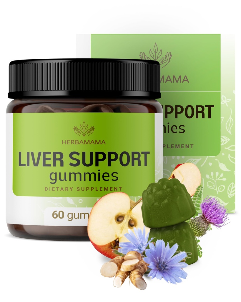 HERBAMAMA Liver Support Gummies - Liver Detox 및 Cleanse를위한 초본 복합체 - Vegan, Non-GMO 전체 지원 보충 - 60 Pectin 기반 Apple-Flavored Chews