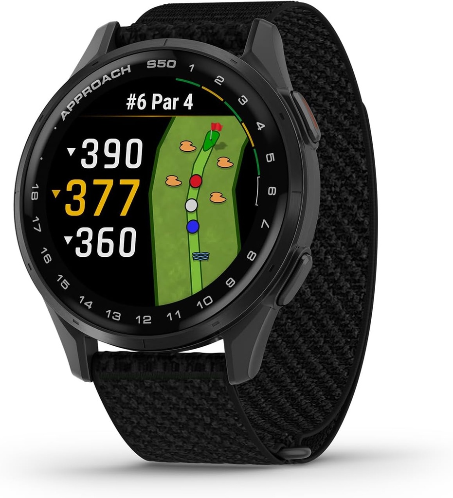 Garmin Approach® S50, 고급 골프 GPS Smartwatch, AMOLED 디스플레이, On-Course 특징, 손목 기반 하트 비율, 슬레이트 알루미늄 베젤 블랙 컴포트핏 나일론 밴드