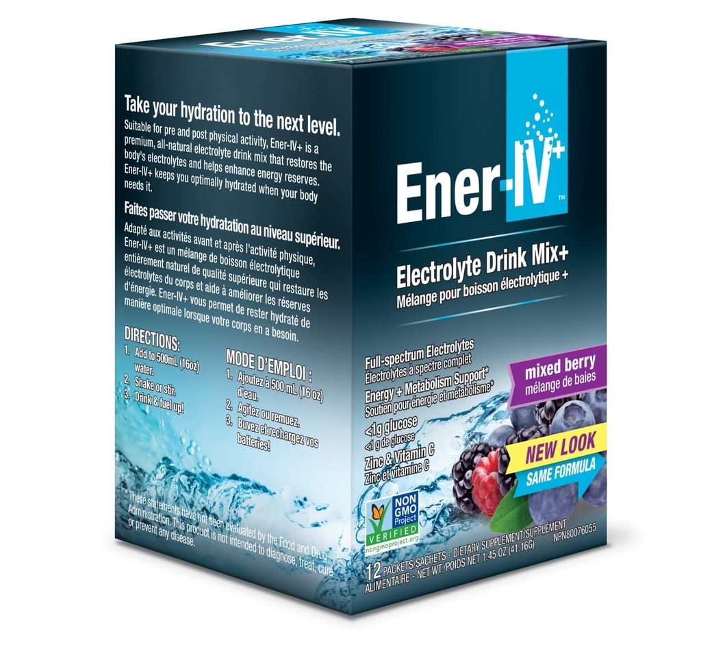 Ener-IV Electrolyte Hydration & Energy Drink Potassium Vitamin C & 아연 Electrolytes Powder Packets - 여성 및 남성용 근육 회복 및 면역 스포츠 음료 낮은 Sugar Vegan, 혼합 Berry - 12 Count