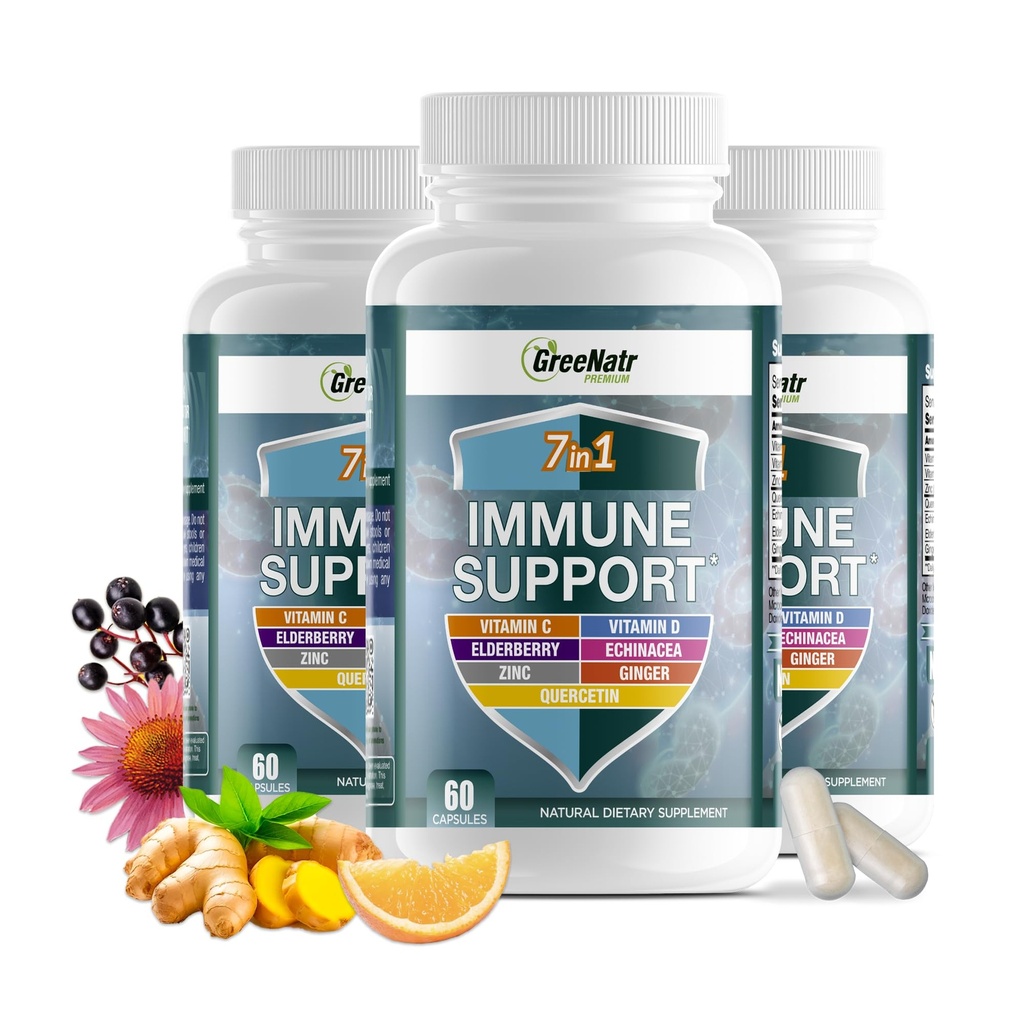 GreeNatr Immune 지원은 비타민 C, D3, 아연 50mg, Quercetin, Echinacea Purpurea, Sambucus Elderberry 및 Ginger를 위한 보충 - 60의 캡슐 (3개의 병)