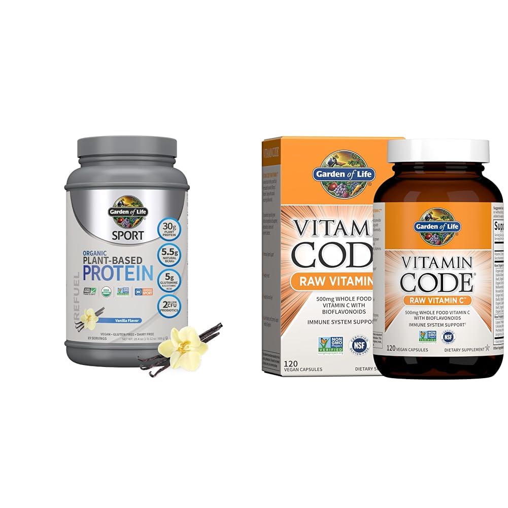 생명 유기 채식 스포츠 단백질 분말, 바닐라, 30g의 정원 - Probiotics, 포스트 운동 회복을위한 BCAA 19 서빙 + 익지않는 비타민 코드 비타민 C, 120 Veg 캡슐