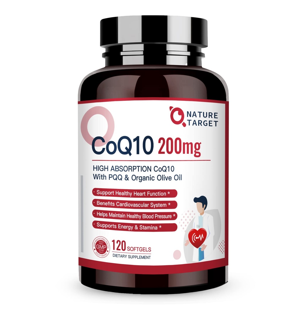 NATURE TARGET CoQ10-200mg-Softgels + PQQQ with Organic-Olive-Oil - 높은 흡수-Coenzyme-Q10 - 산화 방지제 - 건강 및 면역 지원, 에너지 생산, 120 서빙