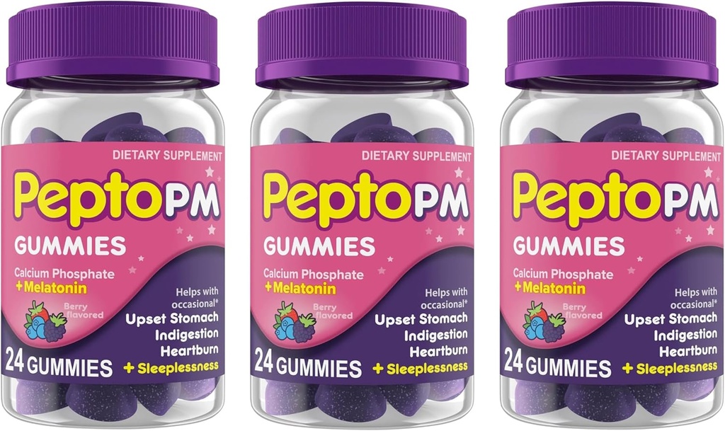 수면 지원을위한 Melatonin과 함께 시작 PM Gummies, Heartburn, Indigestion, Upset Stomach 및 Sleeplessness - Berry 풍미, 24 Ct (Pack of 3)