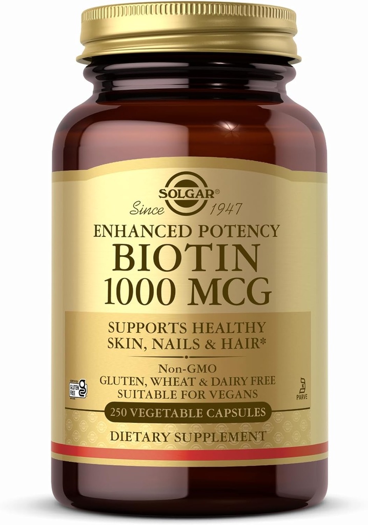 Solgar Biotin 1000 mcg - 250 식물성 캡슐 - 건강한 피부, 손톱 및 헤어 - 비 GMO, 비건, 글루텐 무료, 낙농장 무료, 고셔 - 250 서빙