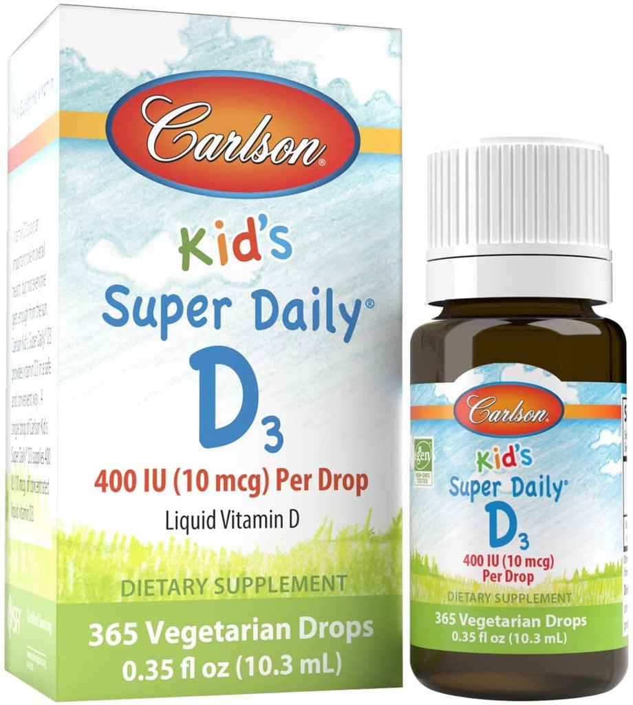 Carlson - Kid's Super Daily D3, 어린이 비타민 D Drops, 낙하 당 400 IU, 1 년 공급, 심장 & 면역 건강, 채식주의, 액체 비타민 D Drops, 불발, 365 방울