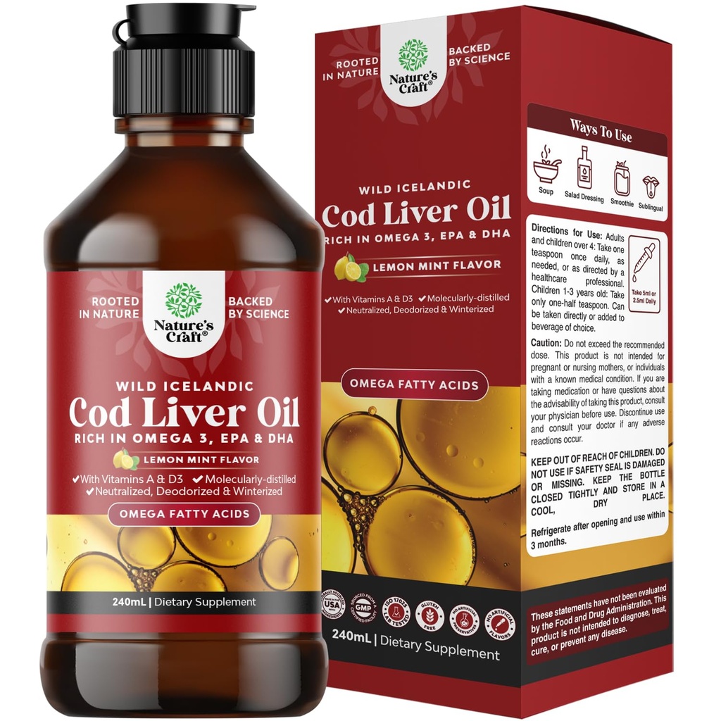 아이슬란드 야생 겁에 질린 Cod Liver 기름 액체 - 오메가 3, EPA, DHA, 비타민 D & A를 가진 물고기 기름 하락 - 심장, 합동, 뇌 & 면역 지원 - 240 ml (8 Ounce)를 위한 액체 옥수수 속 간결
