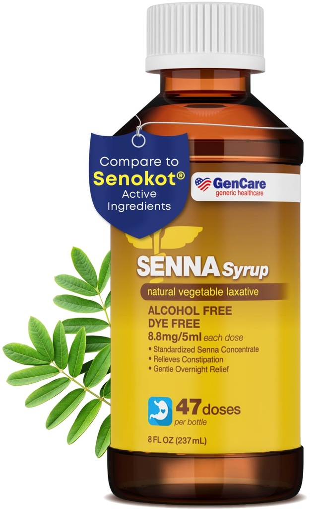 GenCare - Senna Syrup Liquid Laxative (8 Fl Oz Bottle) 모든 천연 야채 Sennoside 활성 성분 | 성인 및 어린이 12 및 노인을위한 삼키기 변비 완화에 쉬운 | 최고의 가치 크기