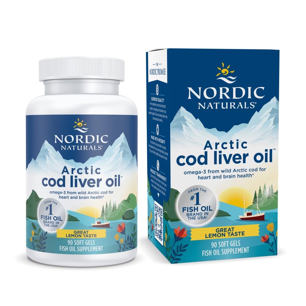 북유럽 자연 Arctic Cod Liver 오일, 레몬 - 90 소프트 젤 - 750 mg 총 오메가-3s EPA 및 DHA - 심장 및 뇌 건강, 건강한 면역, 전반적인 웰빙 - Non-GMO - 30 서빙