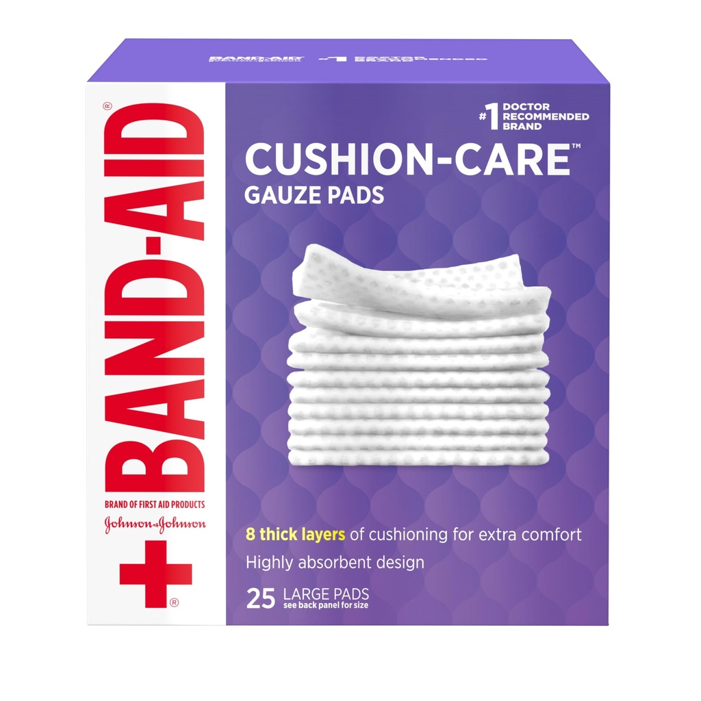 Band-Aid 브랜드 흡수성 쿠션 케어 스트레일 스퀘어 가우제 패드 미니 컷, 스크랩 및 화상, 비 접착, 부상 치료 드레싱 패드, 대형, 4 x 4 in, 25 ct