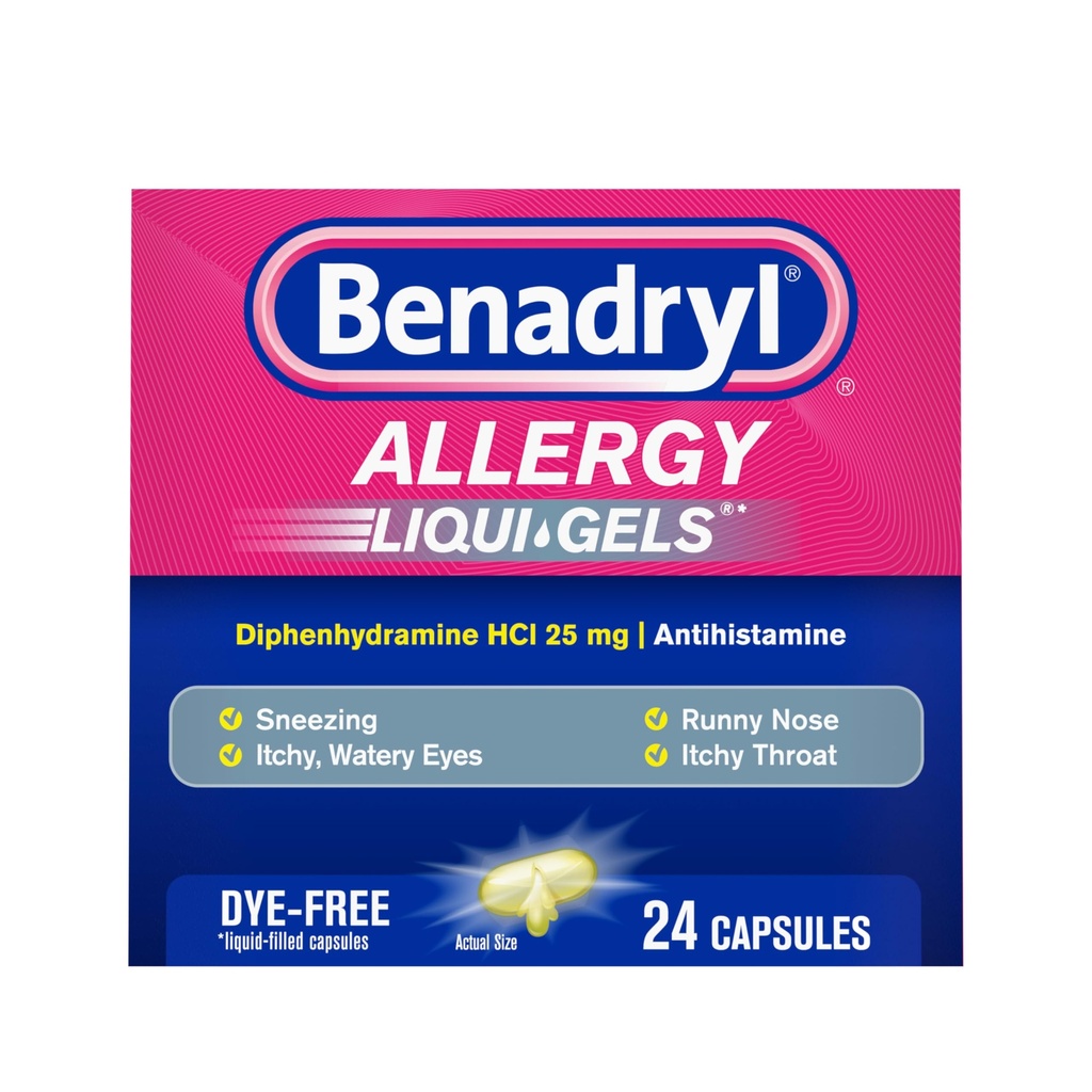 Benadryl Liqui-Gels Allergy 약, 염료 자유로운 액체 젤은 25 mg의 Diphenhydramine HCl 항히스타민을 가진 Runny Nose & Sneezing, 24의 ct 같이 알레르기 & 찬 증상의 기복을 위해 캡슐에 넣습니다