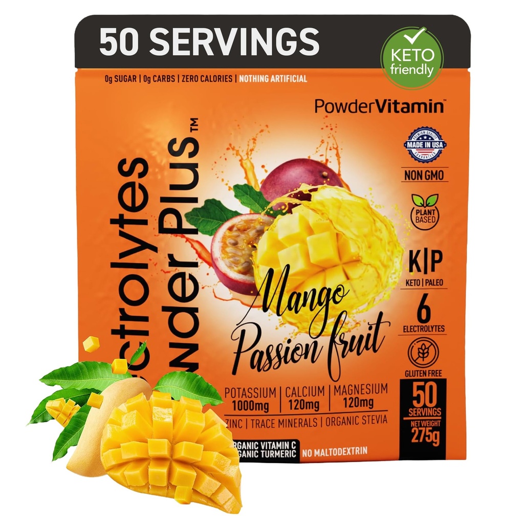 PowderVitamin Electrolytes 분말 플러스 (50 서빙) 망고 Passionfruit 전해질 분말 Zero Calorie Keto, 0 설탕, 아니 Maltodextrin, 1000mg 칼륨, 120mg 칼슘, 120mg 마그네슘, 하이드로 션 분말