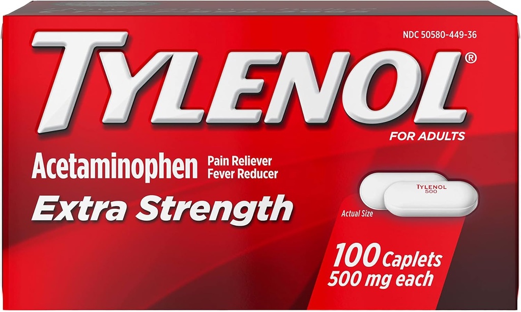 TYLENOL 여분 힘 고통 Reliever & Fever 흡진기 500 mg의 2의 모자 100 ea 팩