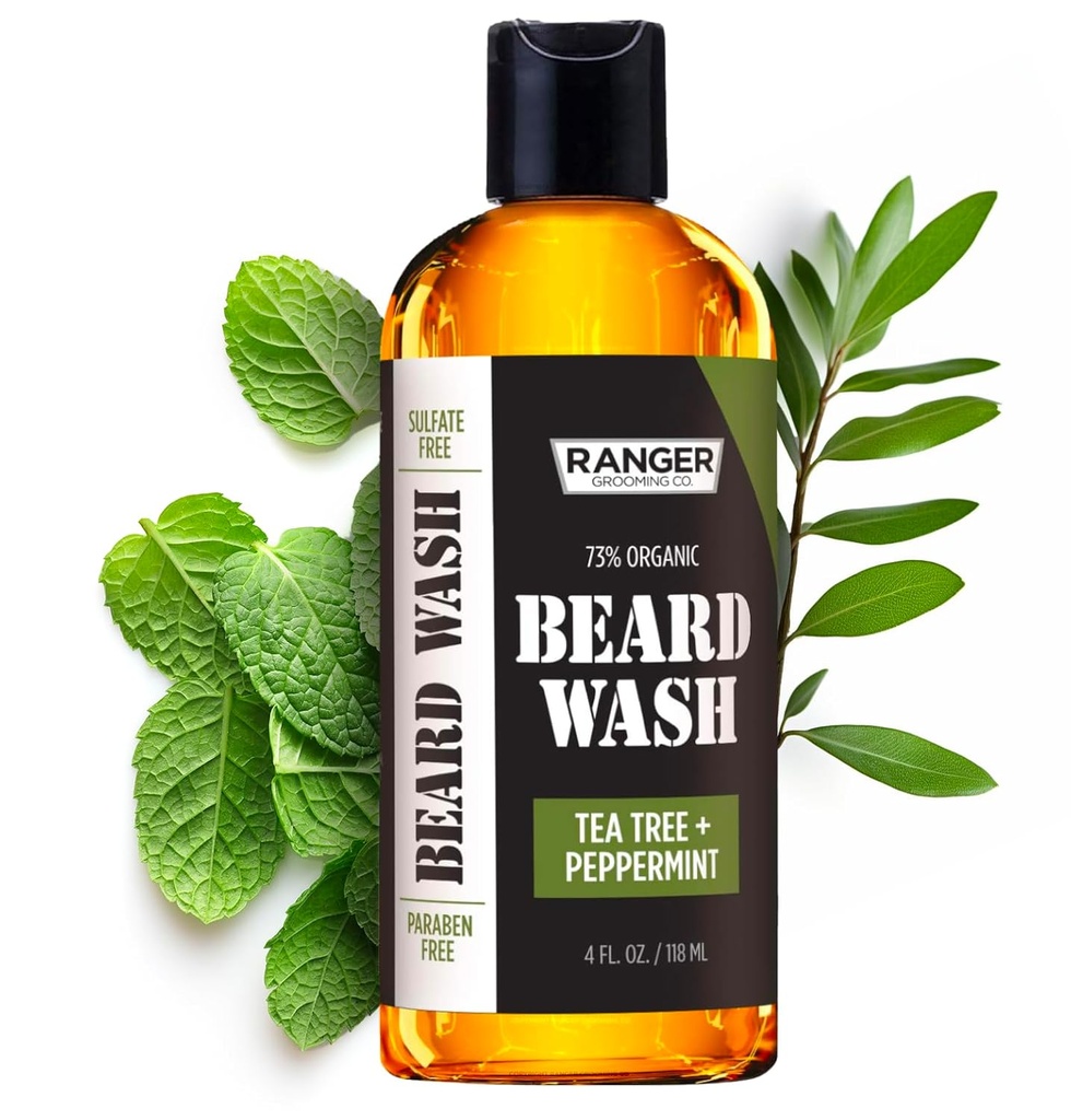 Leven Rose Beard Wash 샴푸 Ranger Grooming Co, Sulfate Free Natural Beard Cleanser & 컨디셔너 for Men, Tea Tree & Peppermint for Growth & thickening, Paraben Free 4 oz