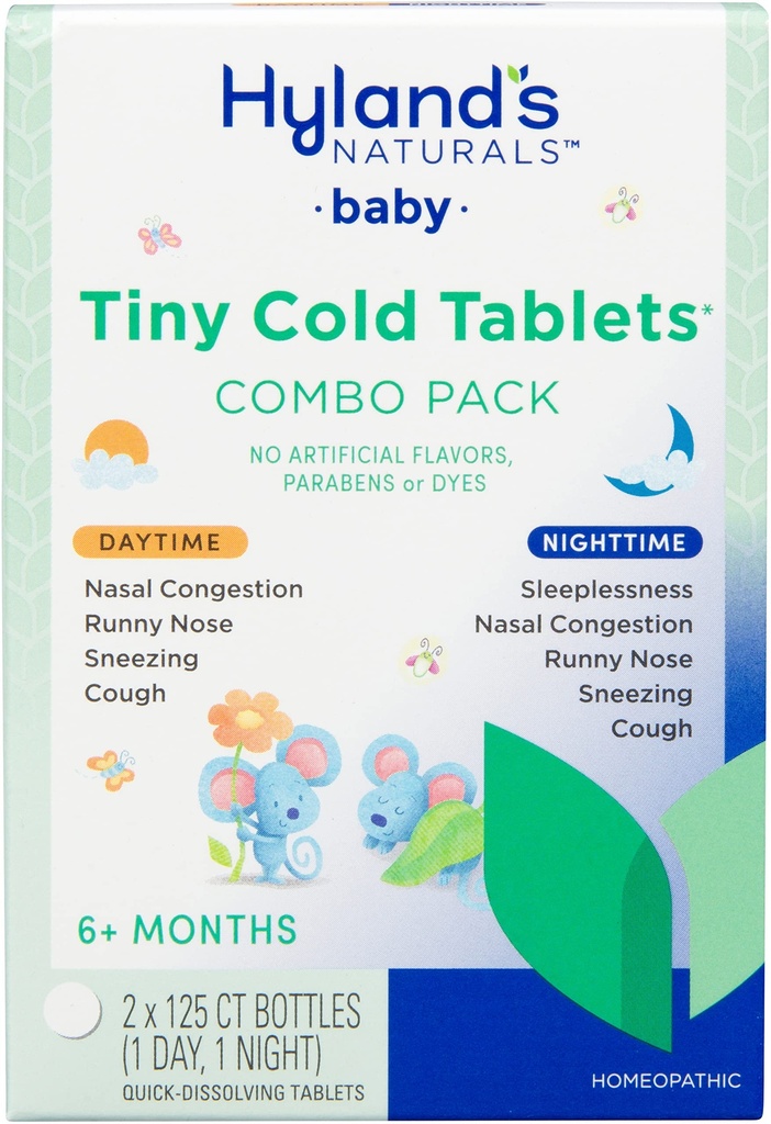 Hyland의 Baby Tiny Cold Tablets, Day 및 Night Value Pack, Infant 및 Baby Cold Medicine, Decongestant, Runny Nose 및 Cough Relief, 250 빠른 용해 정제