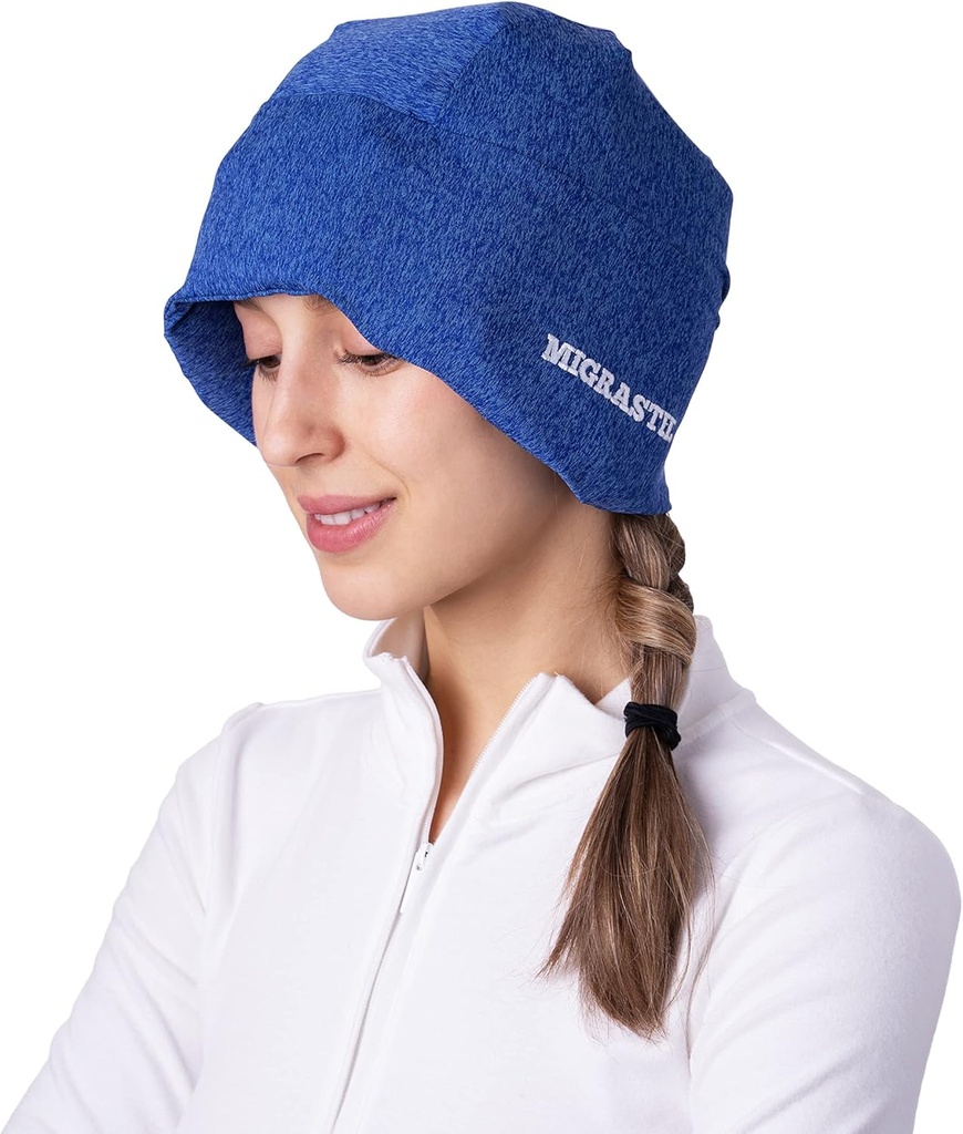 Migrastil MigraFreeze Deluxe Headache & Migraine Hat. 부드럽고, 남성 및 여성을위한 유연한 냉각 젤 캡. 포장된 저장 부대를 가진 모양 적당한 얼음 팩 및 맨 위 포장. 안락한, No-Pain 디자인.
