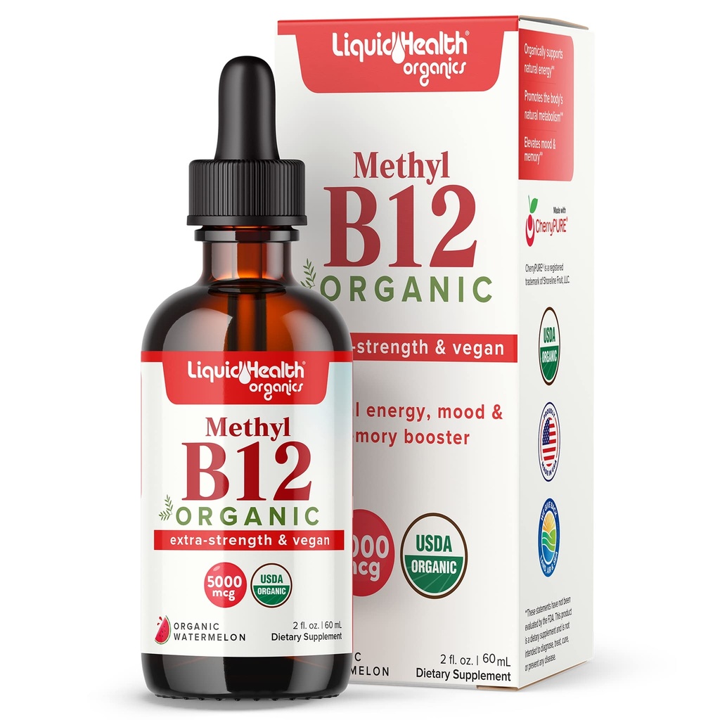 LIQUIDHEALTH USDA 유기 메틸 비타민 B12 Tart 버찌 주스를 가진 Methylcobalamin 액체 하락 - 부스트 에너지, 면역 지원, 개량 기억 & 농도 - 미국은, 비 GMO (2개 oz) 만들었습니다