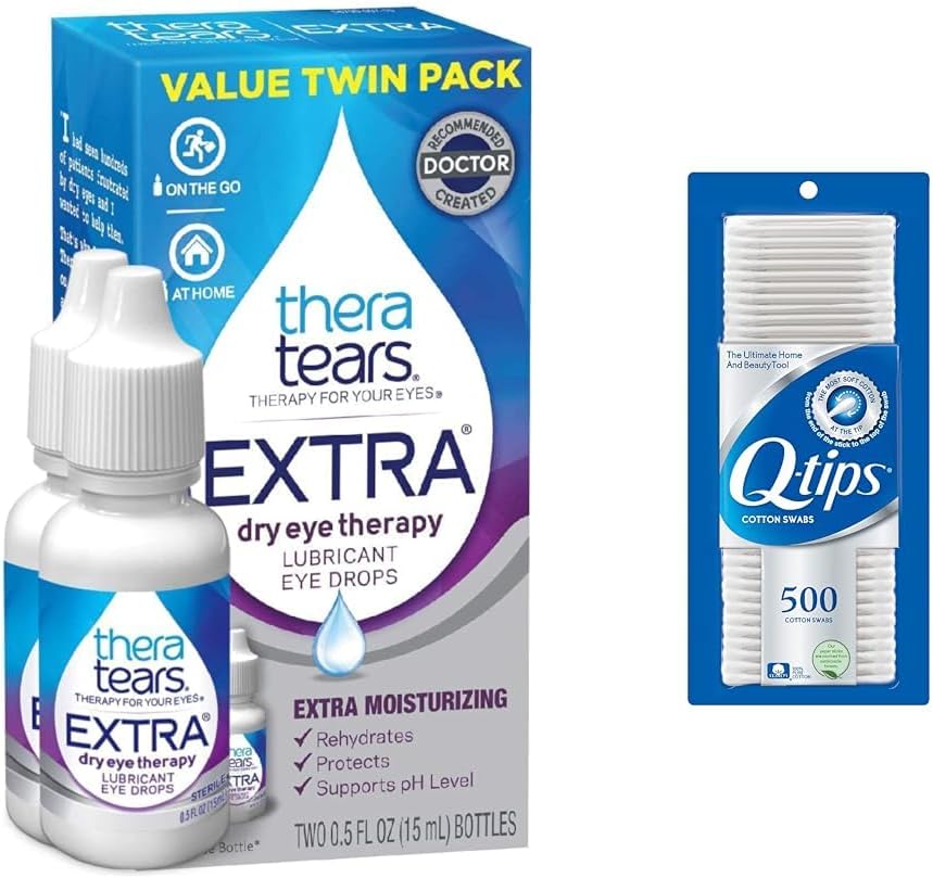 TheraTears 엑스트라 드라이 아이 드롭 0.5 fl oz 2 Q-Tips 100 % 코튼 Swabs 500 카운트