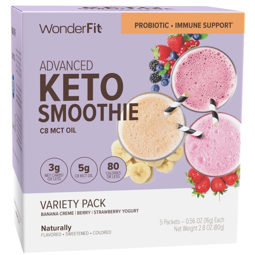 WonderFit by WonderSlim Keto Smoothie with C8 MCT Oil, 다양성 팩, 1-3g Net Carbs, 글루텐 무료, Probiotic & 면역 지원 (5ct)