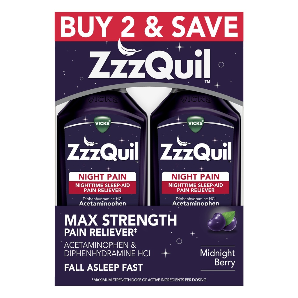 ZzzQuil 액체, 최대 힘 고통 Reliever, 야간 수면 보조 액체, Acetaminophen 1000mg, Diphenhydramine 50mg HCI, 비하 비트 형성, Midnight Berry 맛, 2 팩, 24 FL OZ