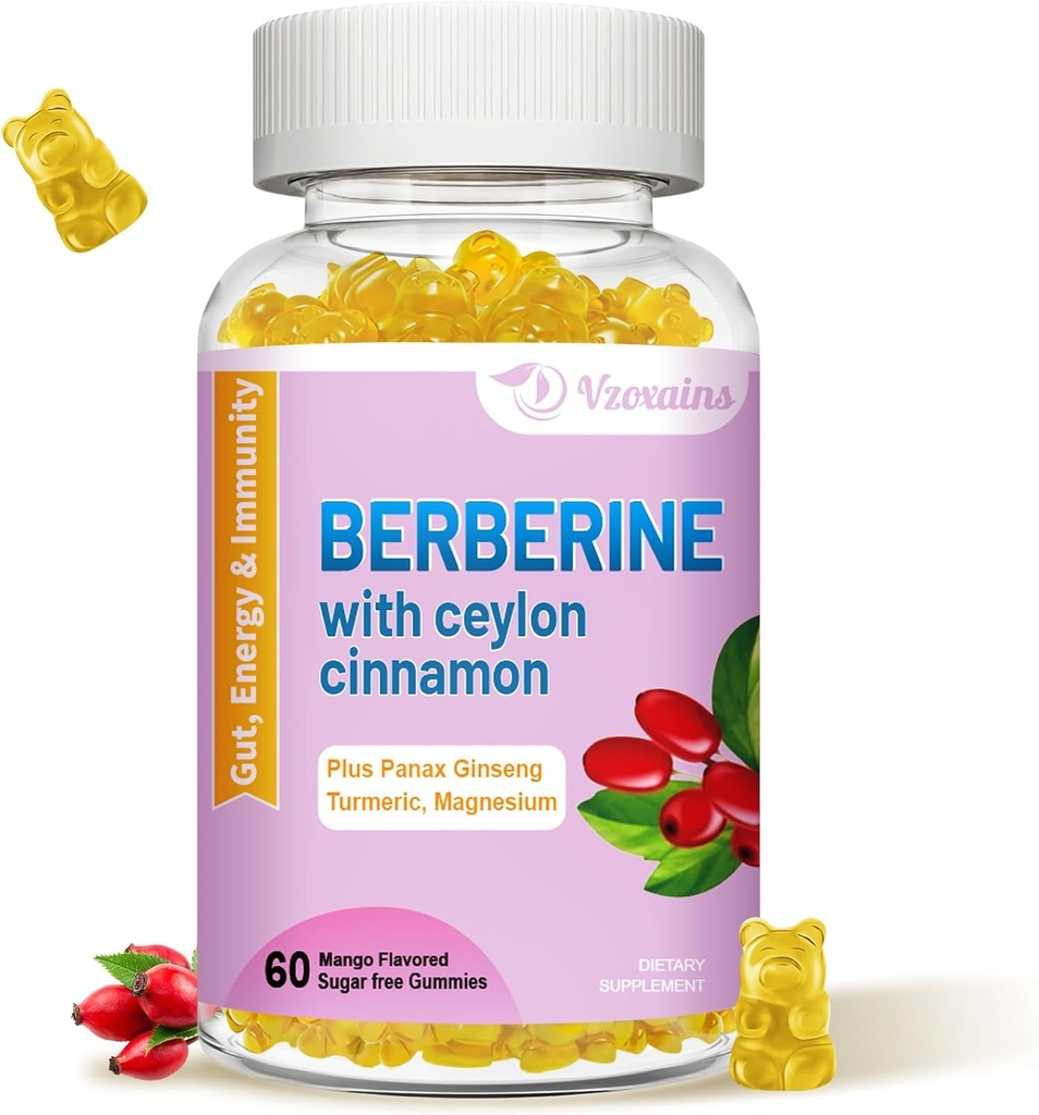 Ceylon Cinnamon Gummies, 높은 Potency Berberine HCI 보충교재, 면역력 지원, 60 Mango 맛있은 Gummies를 가진 Berberine
