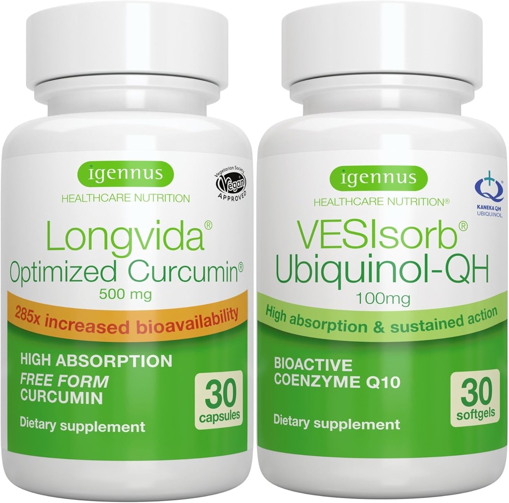 Longvida 쿠르쿠민 500mg + VESIsorb Ubiquinol-QH 고급 CoQ10 100mg 번들, 생물을 가진 Ultra Bioavailable 쿠르쿠민 & Igennus에 의하여 빠른 행동 Ubiquinol,