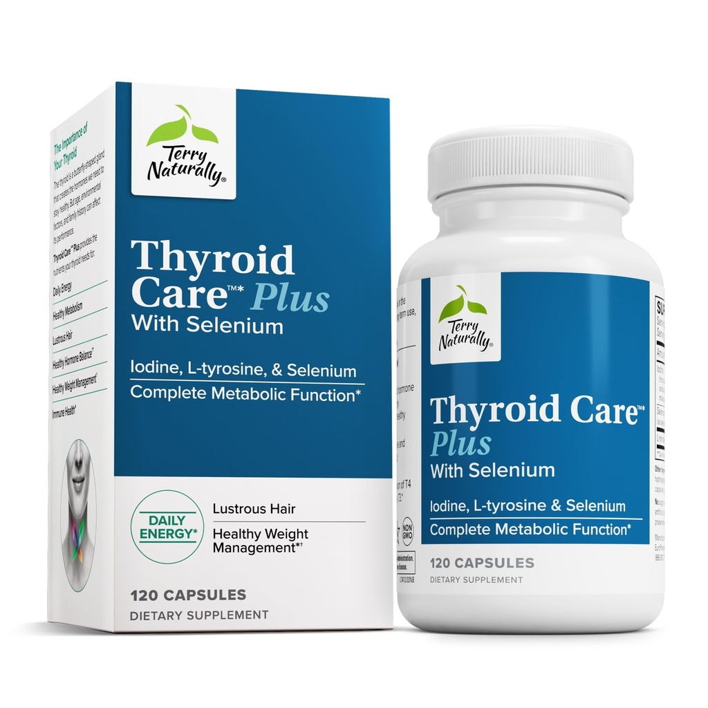 Terry Naturally Thyroid Care Plus - Aid Thyroid에 보충 - 에너지 및 건강한 모발 지원을위한 다이어트 보충 - L-Tyrosine & Selenium과 보충 - 120 캡슐
