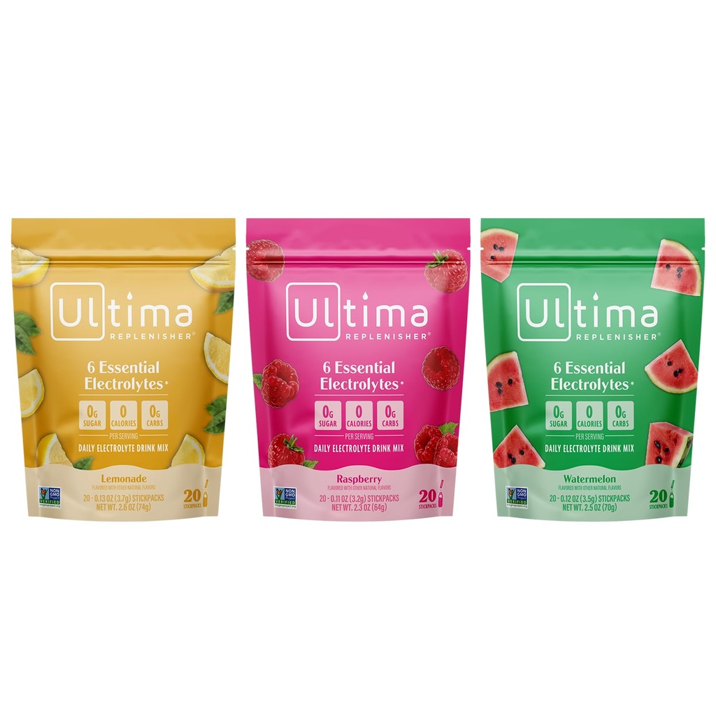 Ultima Replenisher Electrolyte Powder Drink Mix Bundle – Sugar Free – Lemonade and Raspberry and Watermelon, 20 Stickpacks – 6 Electrolytes and Minerals – Keto Friendly, Vegan, 비 GMO