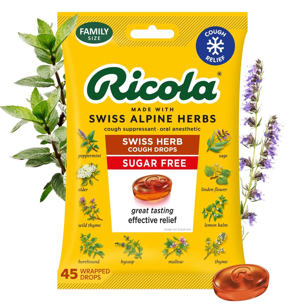 Ricola Sugar Free Swiss Herb Cough Drops, 45 Count, Cough Suppressant & Throat Relieving Drops with Naturally Sourced Menthol, Coughs & Throat Irritation Symptom의 주름 잡는 맛