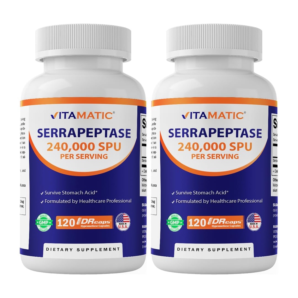 Vitamatic Serrapeptase 240,000 SPU 서빙, 120 Delayed 출시 캡슐 - Enteric 코팅 - 미국 (120 개)에서 만든 비 GMO-