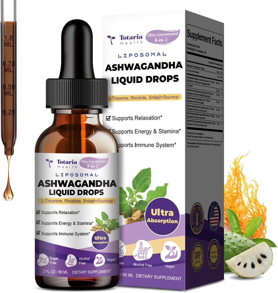 Totaria Liposomal Ashwagandha 액체 하락, Shilajit, Ginseng, 마그네슘, Soursop, L-Theanine, 60ml를 가진 매우 힘 Ashwa 뿌리 추출물 보충교재
