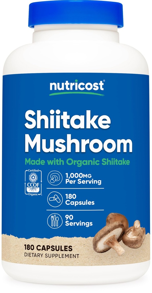 Nutricost 유기 Shiitake 버섯 캡슐 1000mg, 90 서빙 - CCOF 인증 유기, 채식, 글루텐 무료, 캡슐 당 500mg, 180 캡슐