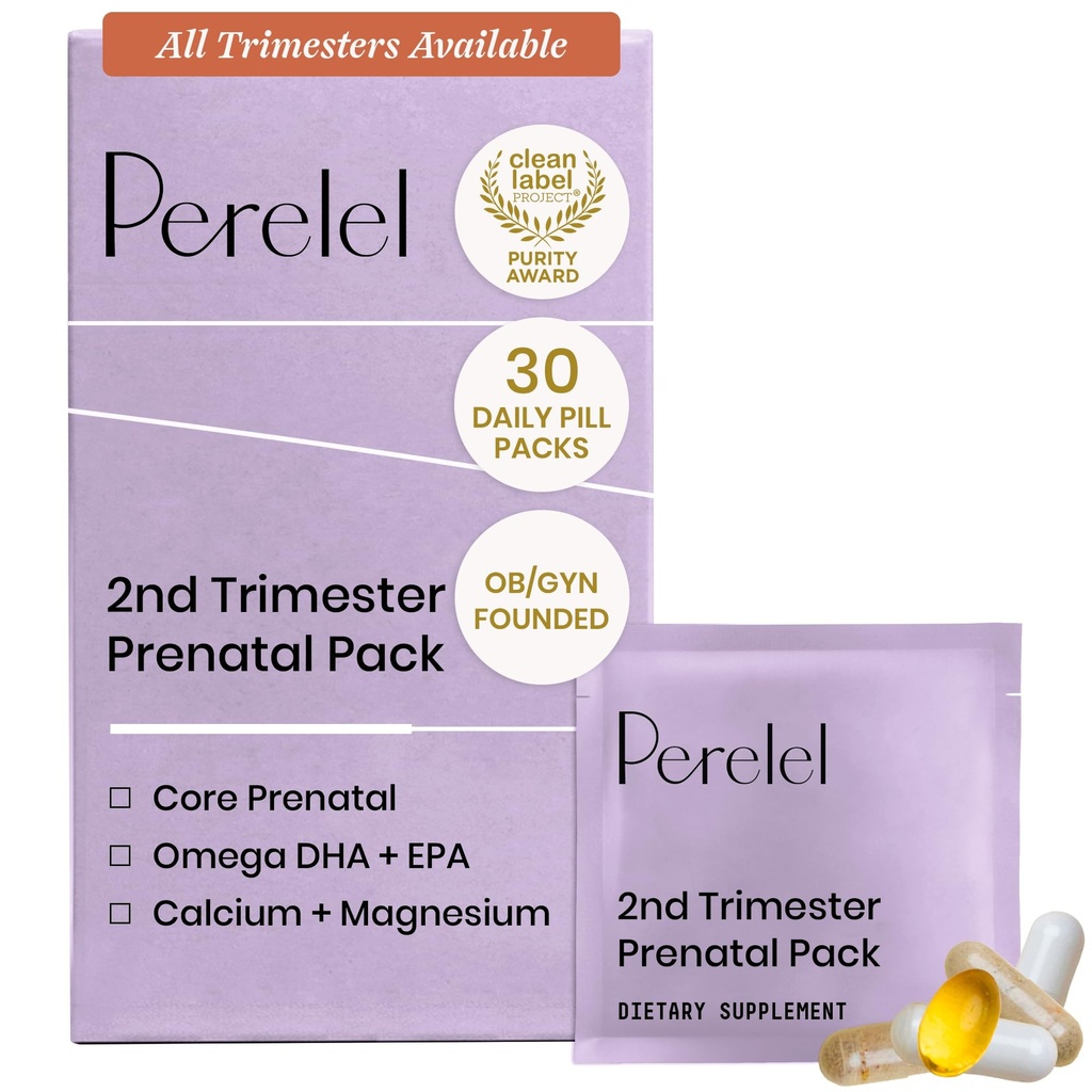 Perelel 2nd Trimester Prenatal Pack, 마그네슘, 오메가 3, 철 및 칼슘, 두 번째 트리 에스테 웰, 콩 및 글루텐 무료, 비 GMO, 30 매일 알약 팩에 대한 영양 지원