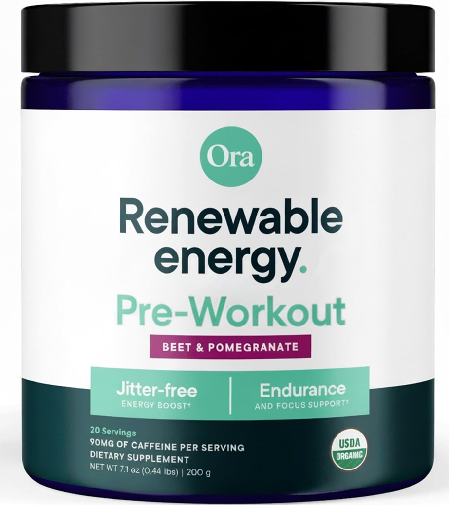 Ora Organic Pre Workout Powder for Men and Women Berry Beet flavor- Vegan Certified Organic, Soy-Free, Dairy-Free, Gluten-Free- 여성 및 남성을위한 Jitter-Free Energy Boost 제공, 20 서빙