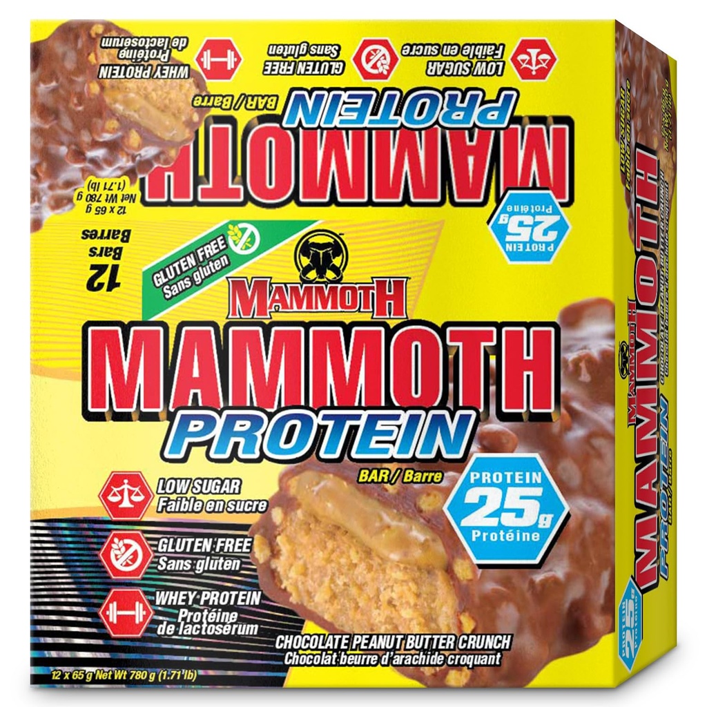 MAMMOTH Protein Bar, 초콜렛 땅콩 버터 런치, 25g 단백질, 낮은 설탕, 낮은 캐비티, 글루텐 무료, 12 x 65g (12 개) (코크레이트 땅콩 버터 런치) (12 개, 초콜렛 땅콩 버터 런치)