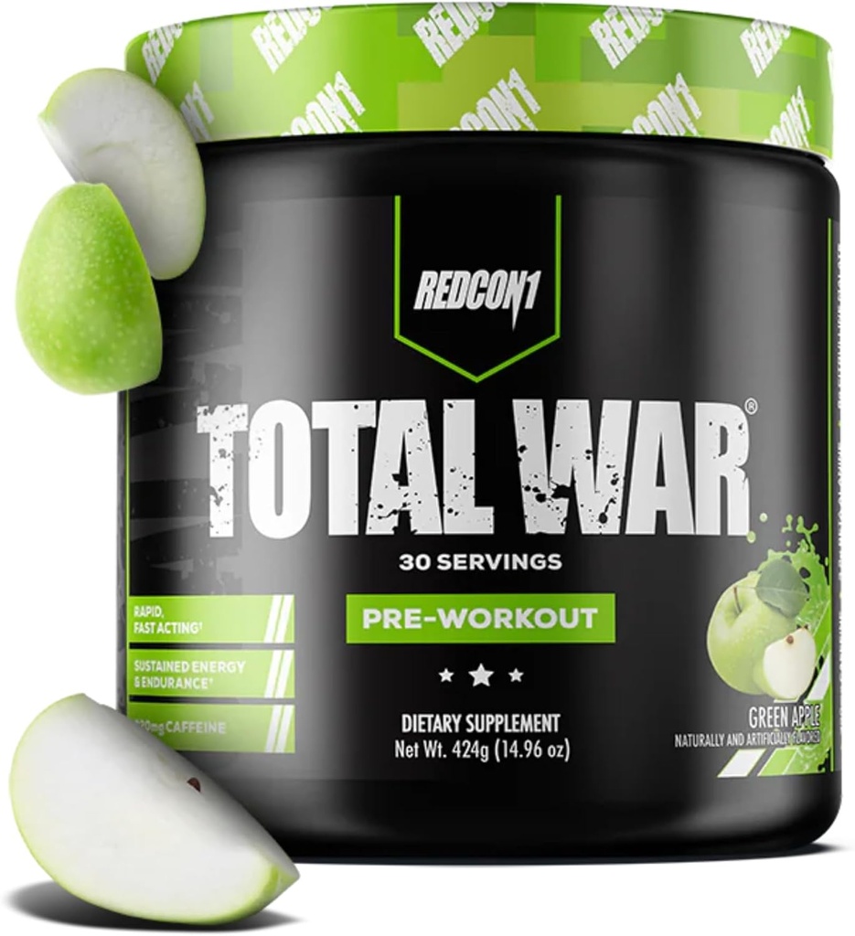 REDCON1 Total War Pre Workout, Green Apple - 베타 알라닌이있는 남성 + 여성을위한 빠른 행동 Caffeinated Preworkout - 증가 된 펌프, 혈액 흐름 (30 서빙)