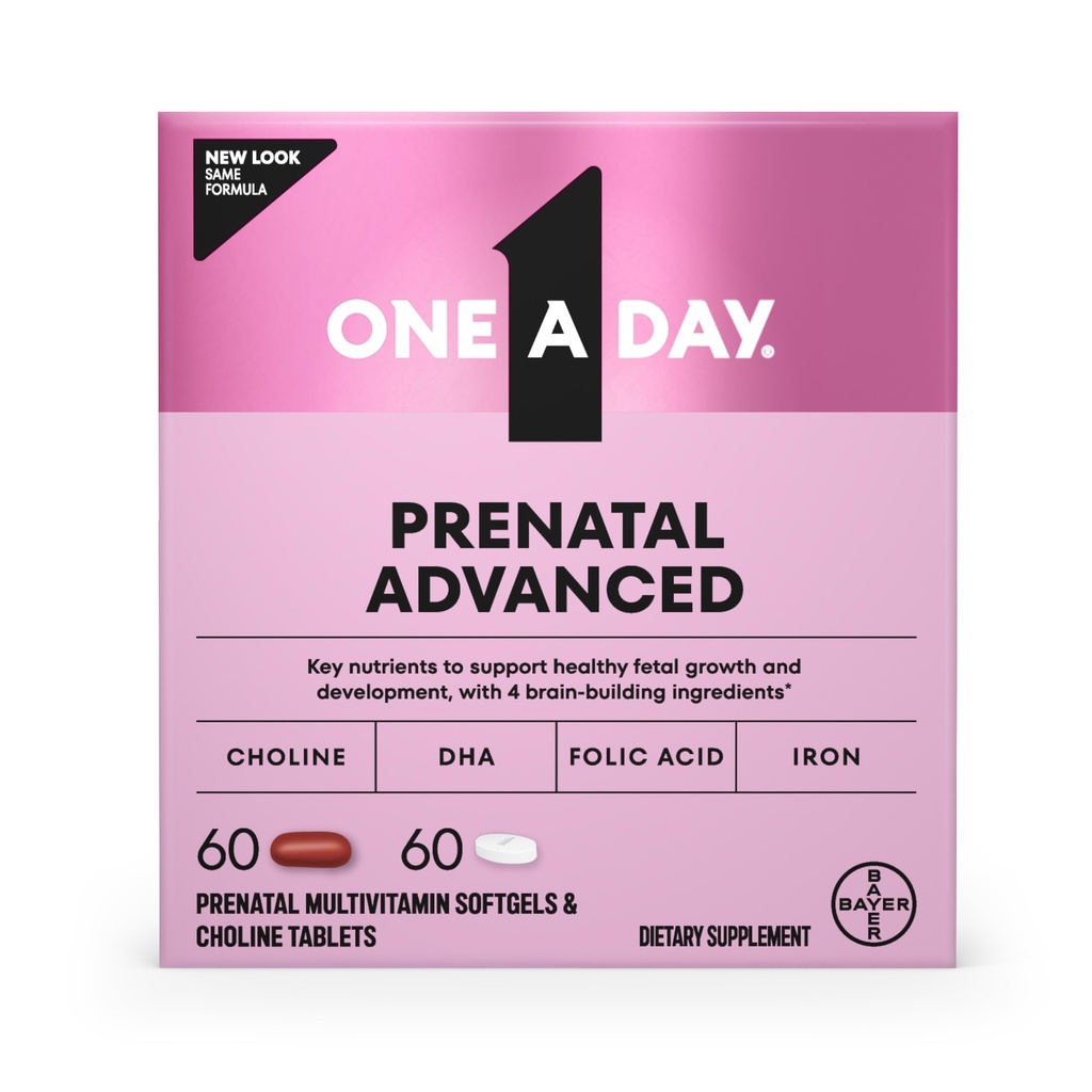1 A Day Prenatal Advanced- Prenatal Vitamins with Folic Acid, Choline, DHA & Iron, 여성을위한 임신 비타민은 아기의 발달, 60 + 60 Ct (120 총 세트) (패키지 May Vary)