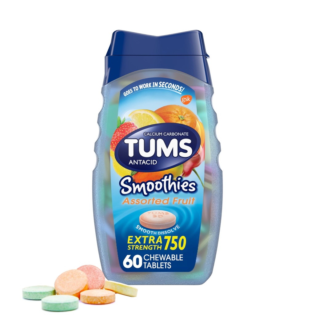 TUMS 스무디 여분의 힘 Antacid Heartburn 구호, 구색된 과일에 대 한 치명적인 치명적인 정제 - 60 개 (팩의 1)
