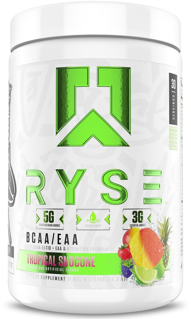 RYSE BCAA EAA 분말 - 열대 Snocone - 5g 분기된 사슬 아미노산, 3g 필수 아미노산, 전 & 포스트 운동 근육 회복을 위한 설탕 자유로운 전해질, 수산 및 힘 - 30의 서빙