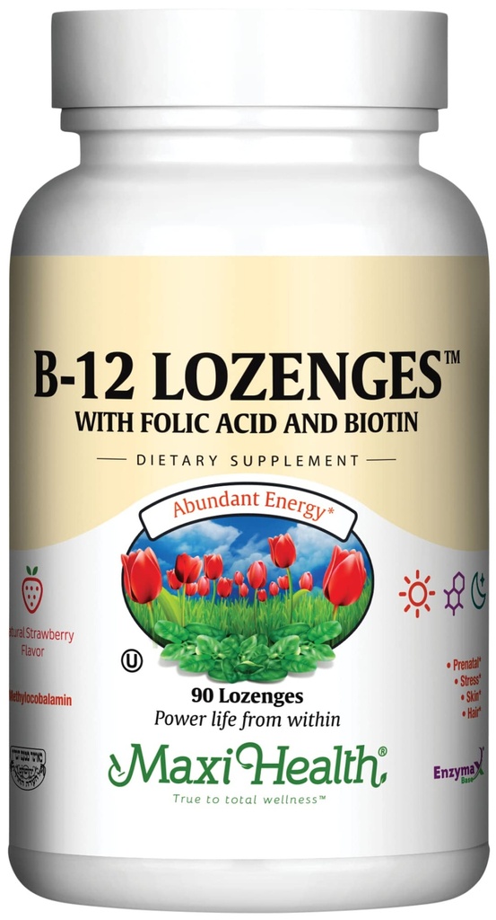 비타민 B12 Lozenges Folic 산과 Biotin - 하위 언어 B 12 비타민 딸기 맛 - 채식 Kosher B 12 비타민 - Red Blood Cell Production 및 Energy 용 VIT B12 보충 (90 개)
