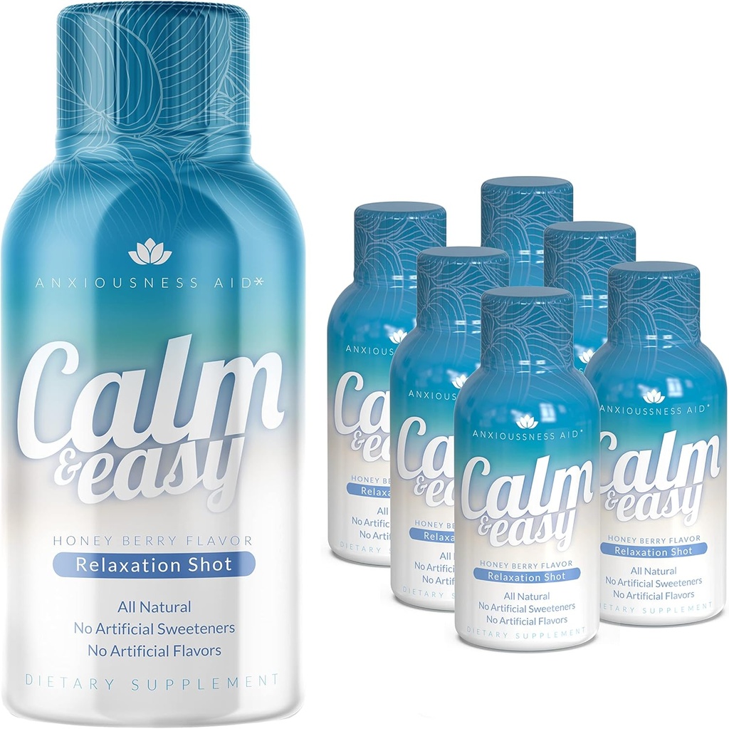 Calm & Easy - 천연 스트레스 완화 샷, KSM-66 Ashwagandha, Suntheanine L Theanine, Calming Adaptogen 음료, Relaxation, Focus 및 Mood | 2 oz 액체 병 (6 팩)