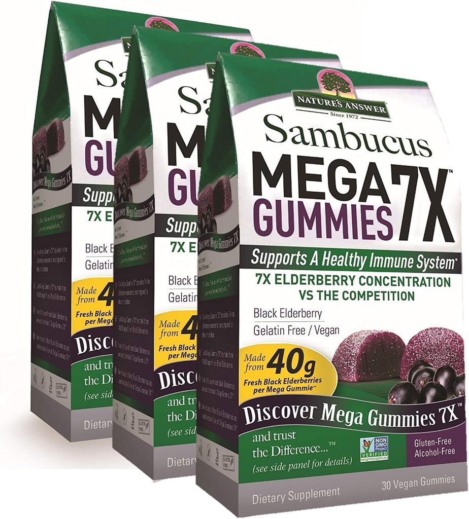 자연의 답변 Sambucus Mega Gummies | 7X More Elderberry Concentration | 알코올 프리, 글루텐 프리, 젤라틴 프리, 비 GMO & 보존품 | 30ct Gummies (패키지 3)