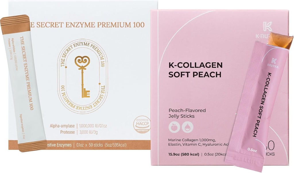 Secret Enzyme Premium 100 (50 스틱) & K-Collagen Soft Peach Collagen Jelly (30 스틱) 소화 건강, 피부 건강